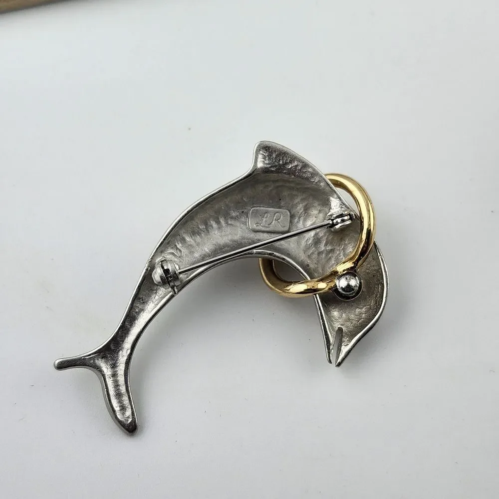 Silver Gold Dolphin‎ Brooch Brushed Vintage Signed Lady Remington LR  1970s